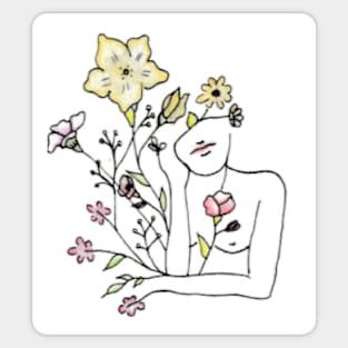 Drawing of woman's siluette and watercolor flowers Sticker